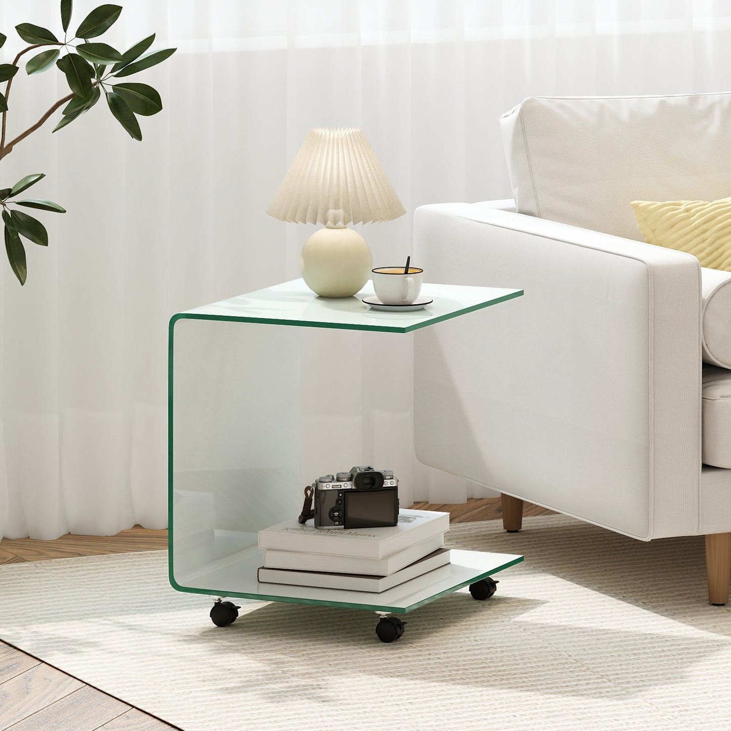 C-Shaped End Table Modern Tempered Glass Side Table with Shelf-Transparent