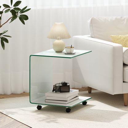 C-Shaped End Table Modern Tempered Glass Side Table with Shelf-Transparent