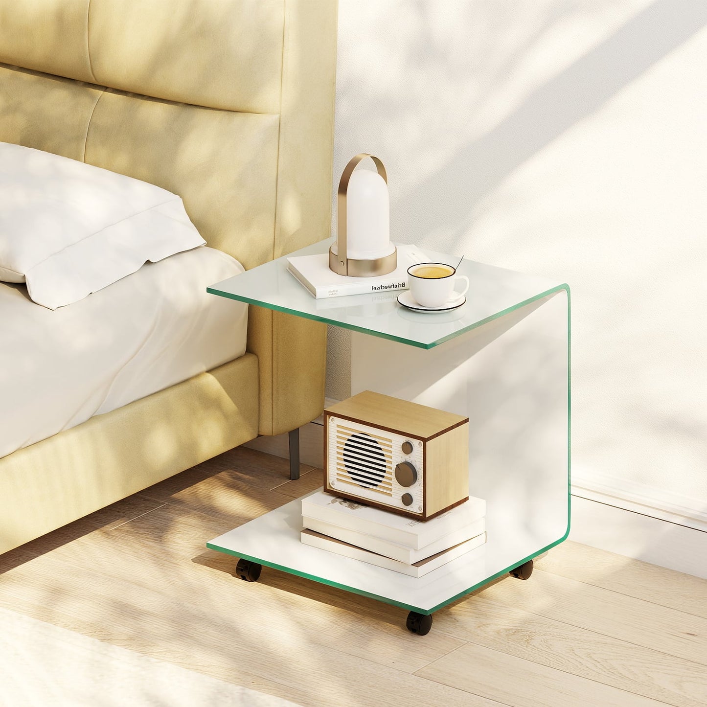 C-Shaped End Table Modern Tempered Glass Side Table with Shelf-Transparent