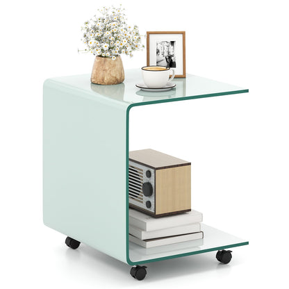 C-Shaped End Table Modern Tempered Glass Side Table with Shelf-Transparent