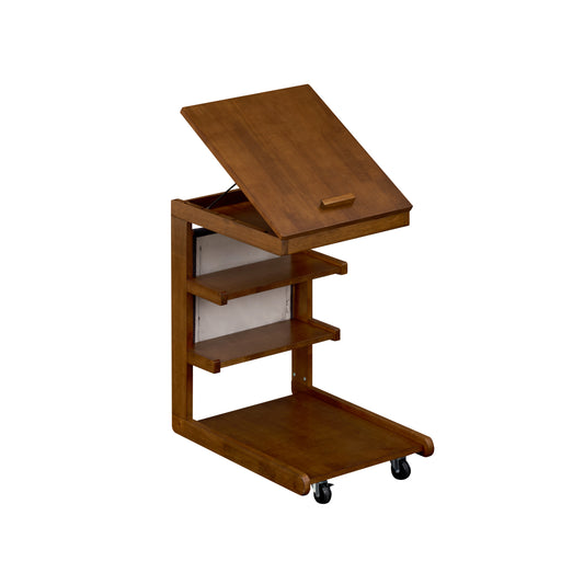 C-shaped End Table with Wheels and Adjustable Desktop for Sofa Couch Bedside-Brown