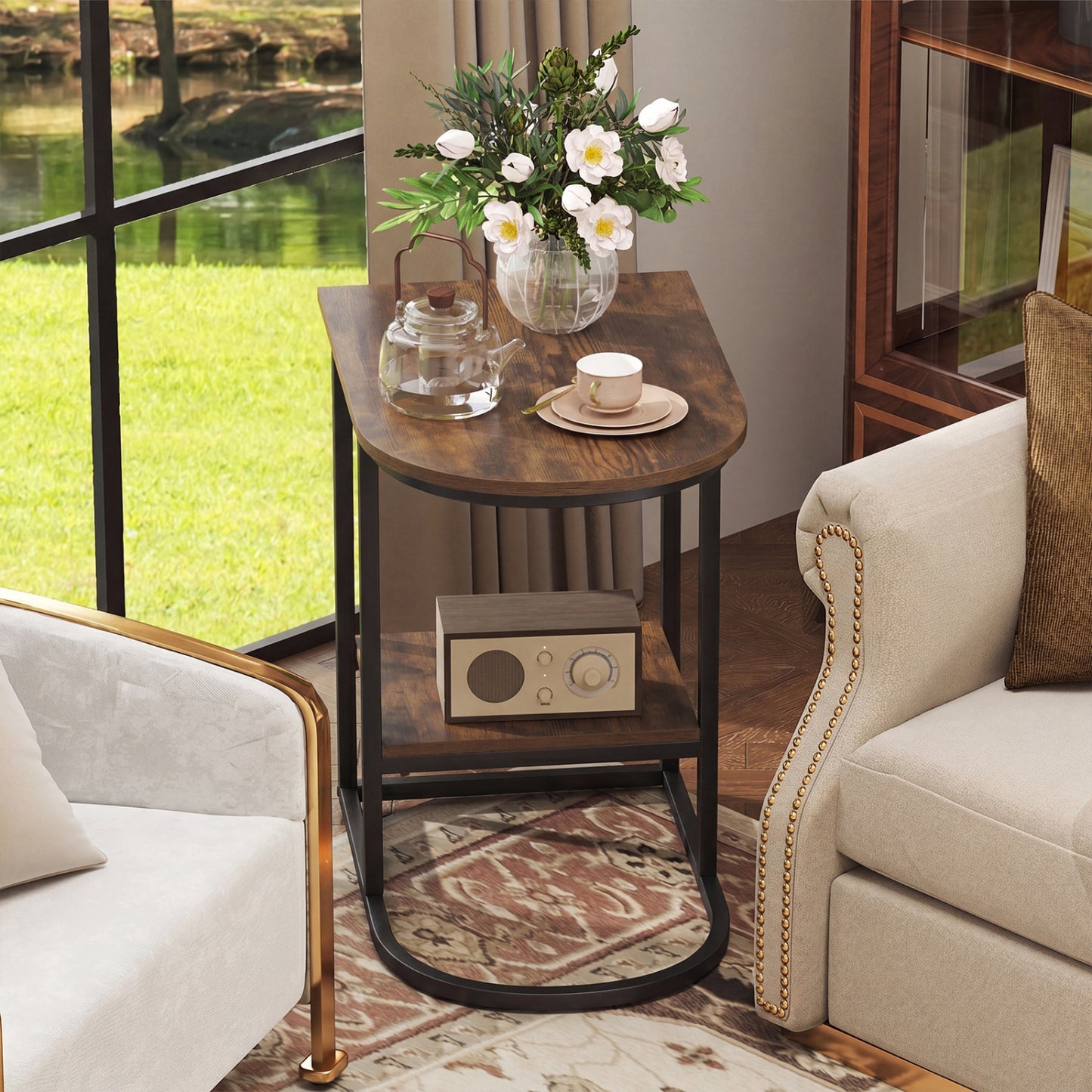 C-shaped modern sofa side table with storage shelf, faux wood finish, and marble tabletop in rustic brown for living room decor.