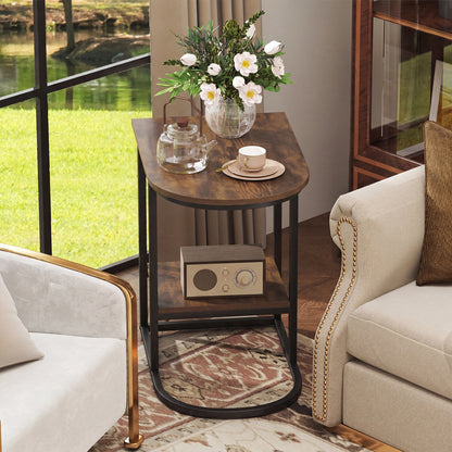 C-shaped modern sofa side table with storage shelf, faux wood finish, and marble tabletop in rustic brown for living room decor.