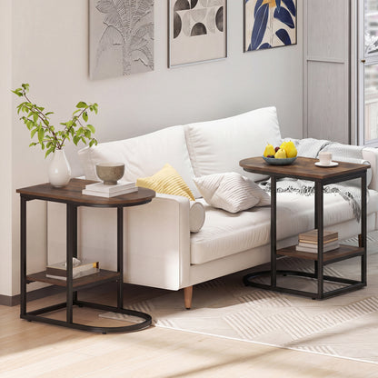 C-shaped modern sofa side table with storage shelf, faux and marble tabletop in rustic brown, ideal for living room decor.