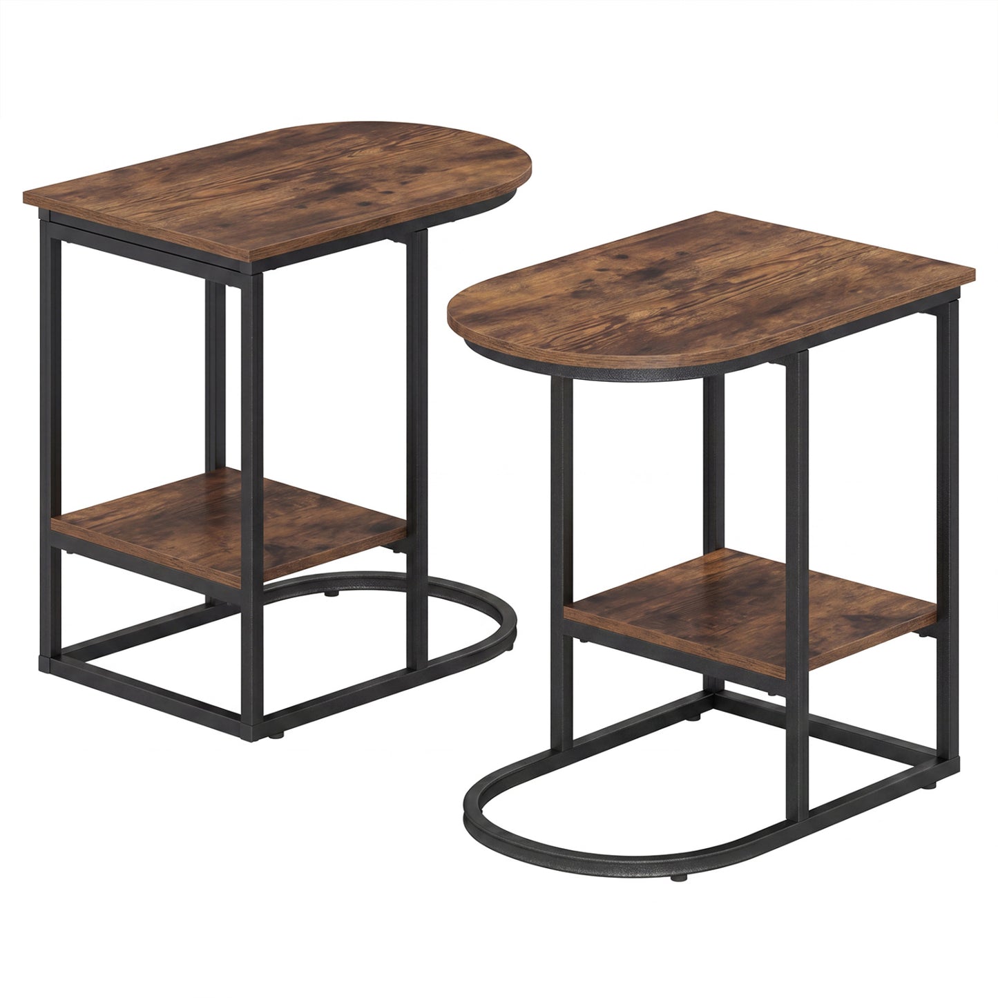 C-shaped modern sofa side table with faux wood finish, storage shelf, and marble tabletop in rustic brown design.