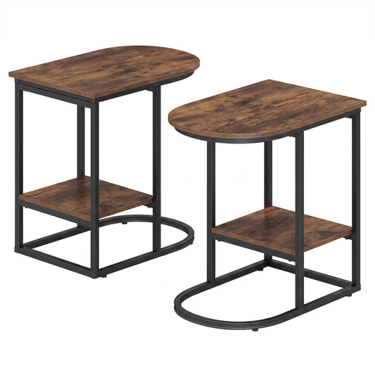 C-shaped modern sofa side table with faux wood finish, storage shelf, and marble tabletop in rustic brown design.