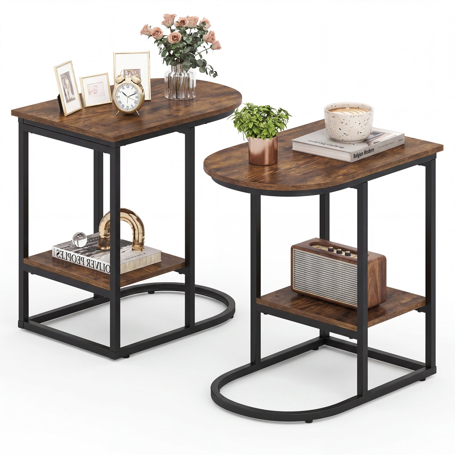 Rustic brown C-shaped modern sofa side table with faux wood finish, storage shelf, and marble tabletop for living room decor.