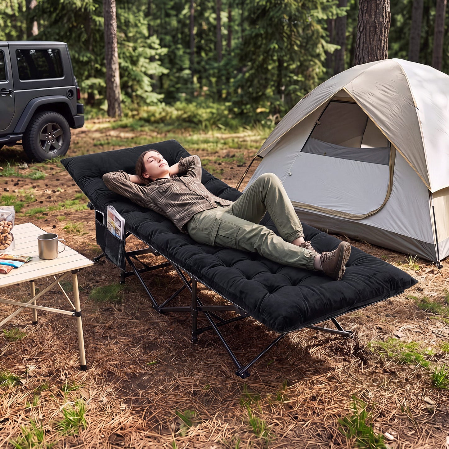 Camping Cot for Adults with Soft Padded Mat and Carrying Bag-Black