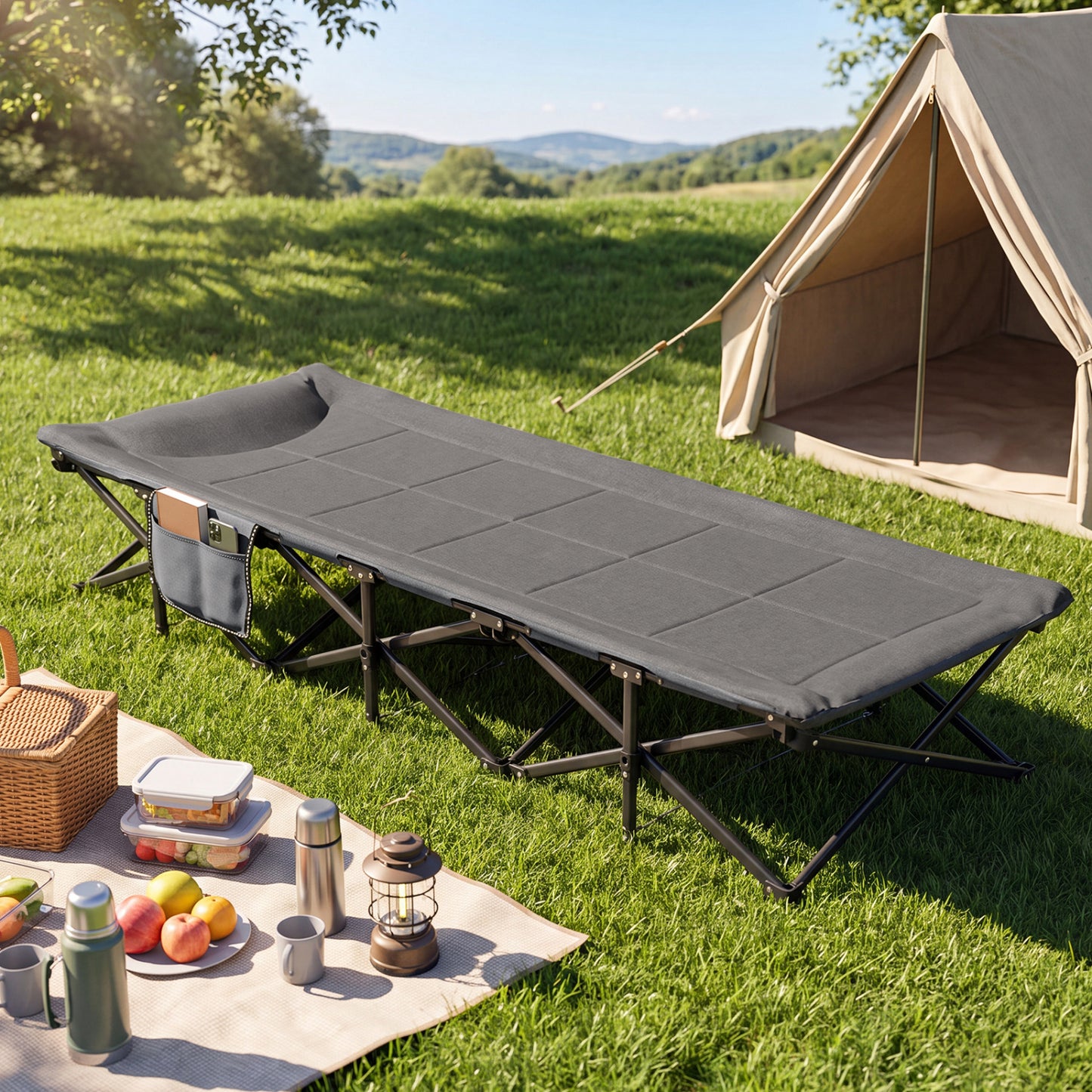 Camping Cot with  Padded Pillow and Storage Pouch for Camping Travel-Gray