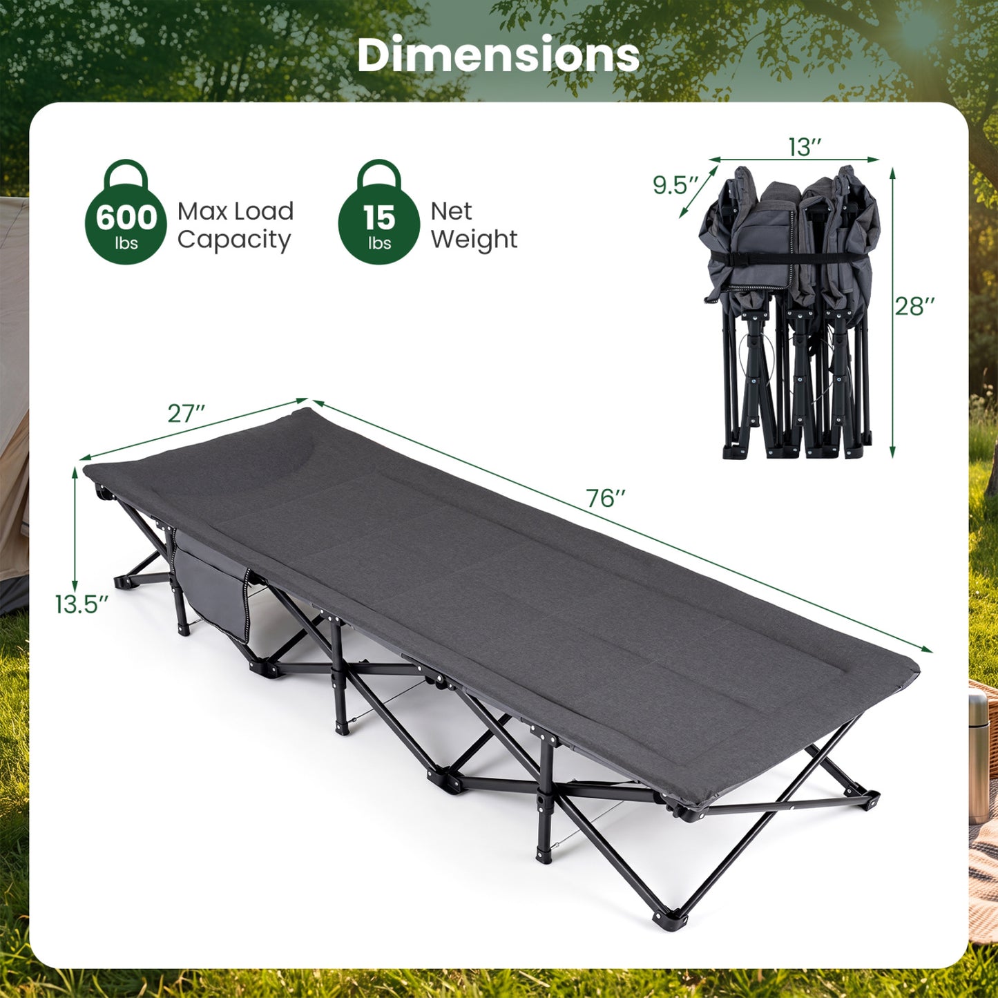 Camping Cot with  Padded Pillow and Storage Pouch for Camping Travel-Gray