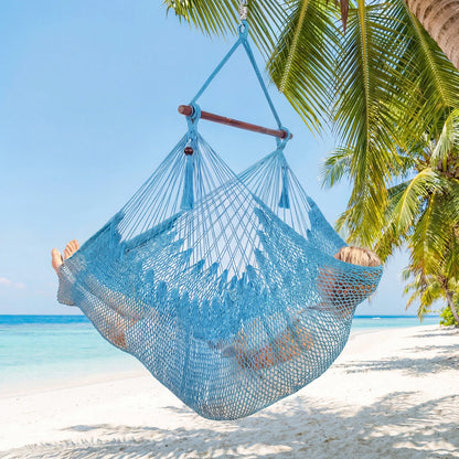 Caribbean Hammock Chair with Metal Spreader Bar Large Soft-Spun Rope Woven Swing-Blue