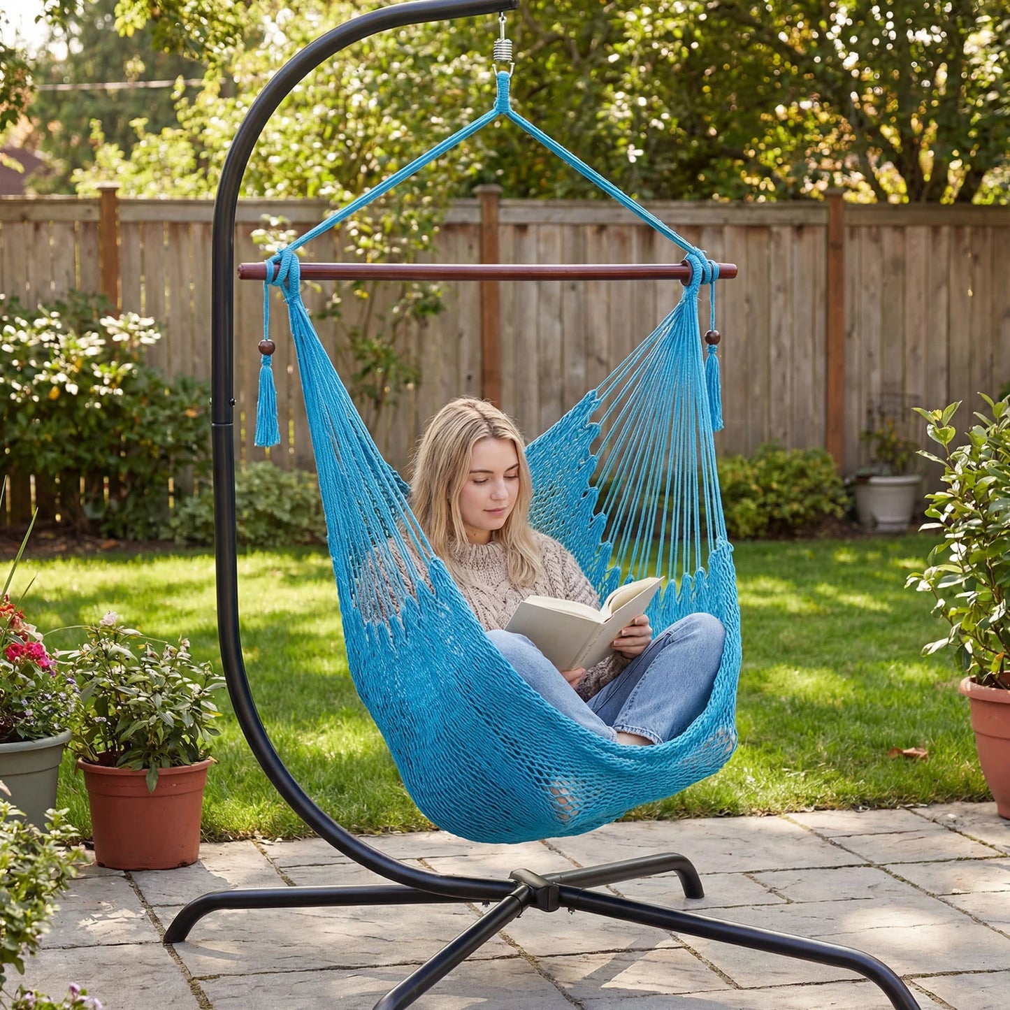 Caribbean Hammock Chair with Metal Spreader Bar Large Soft-Spun Rope Woven Swing-Blue