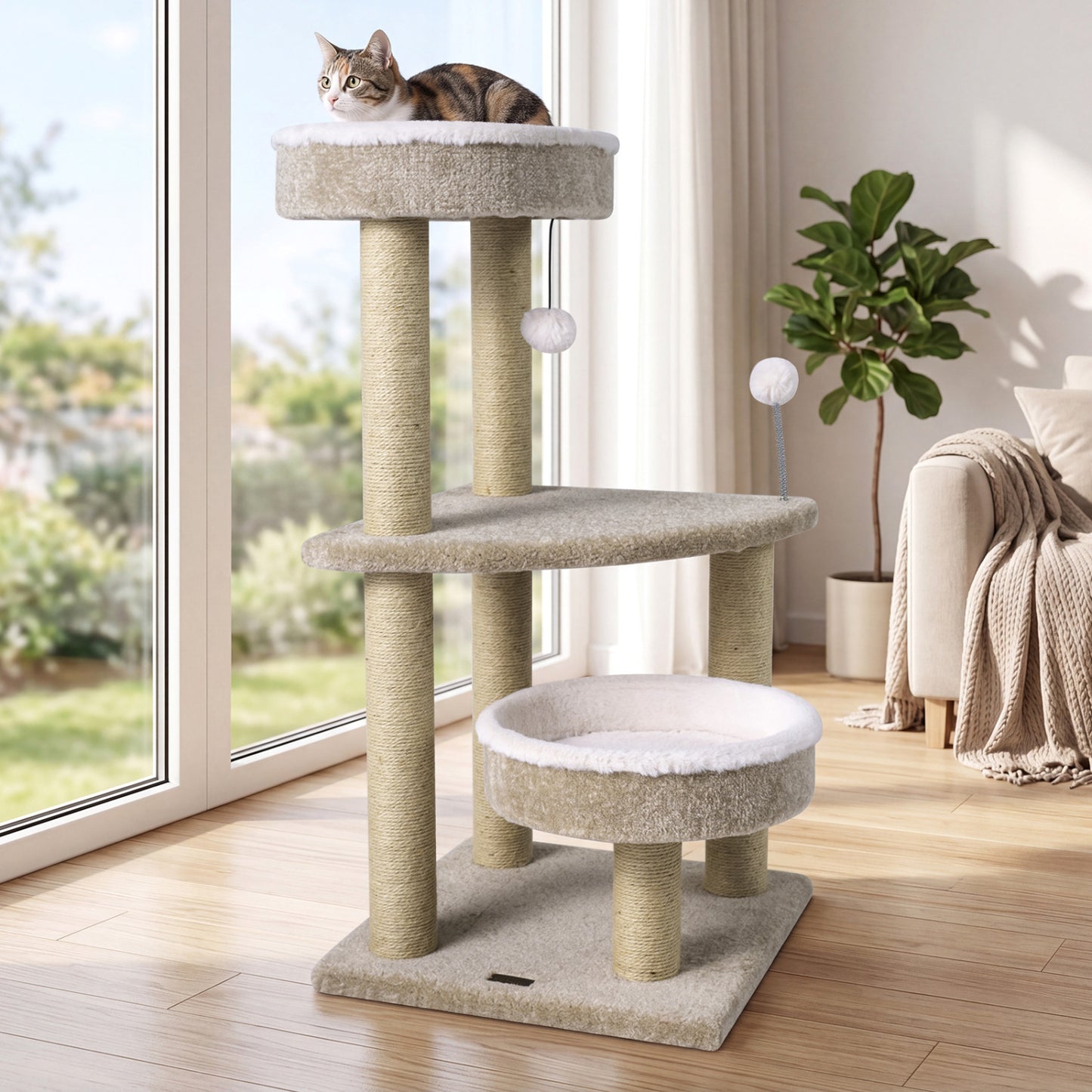 Carpeted 36-inch cat tree with plush perches, scratching posts, and dangling ball for cats, by Direct by Wilsons Home Store.