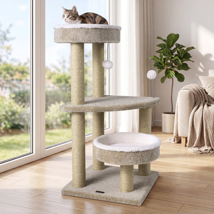 Carpeted 36-inch cat tree with plush perches, scratching posts, and dangling ball for cats, by Direct by Wilsons Home Store.