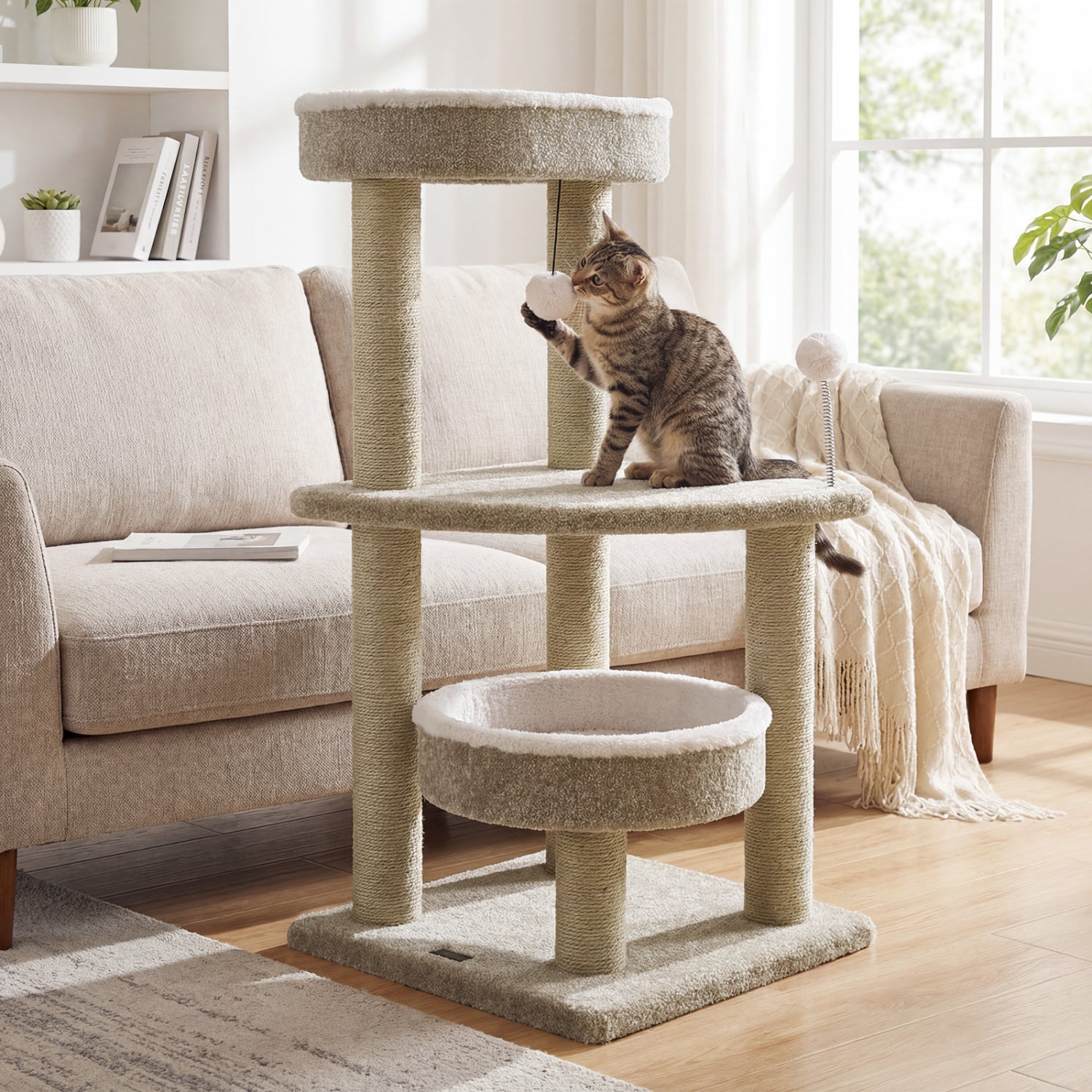 Carpeted 36-inch cat tree with plush perches, scratching posts, and dangling ball for cats to climb, scratch, and play.