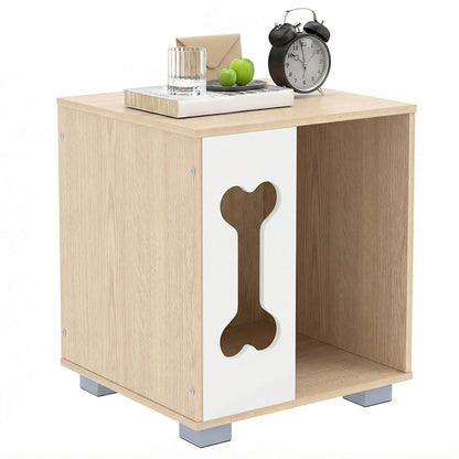 Cat Bed Side Table Wooden Cat Condo with Bone-shape Window and Thick Metal Legs-Natural