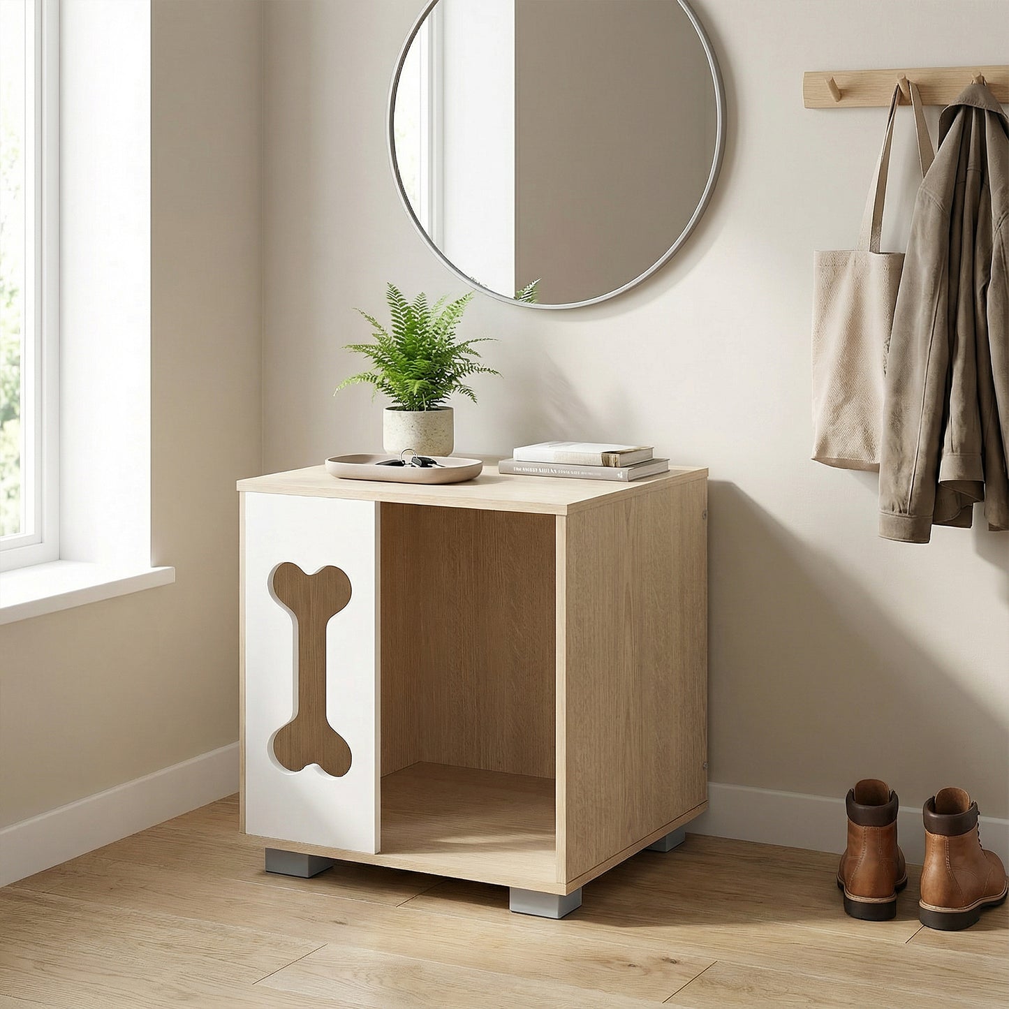 Cat Bed Side Table Wooden Cat Condo with Bone-shape Window and Thick Metal Legs-Natural