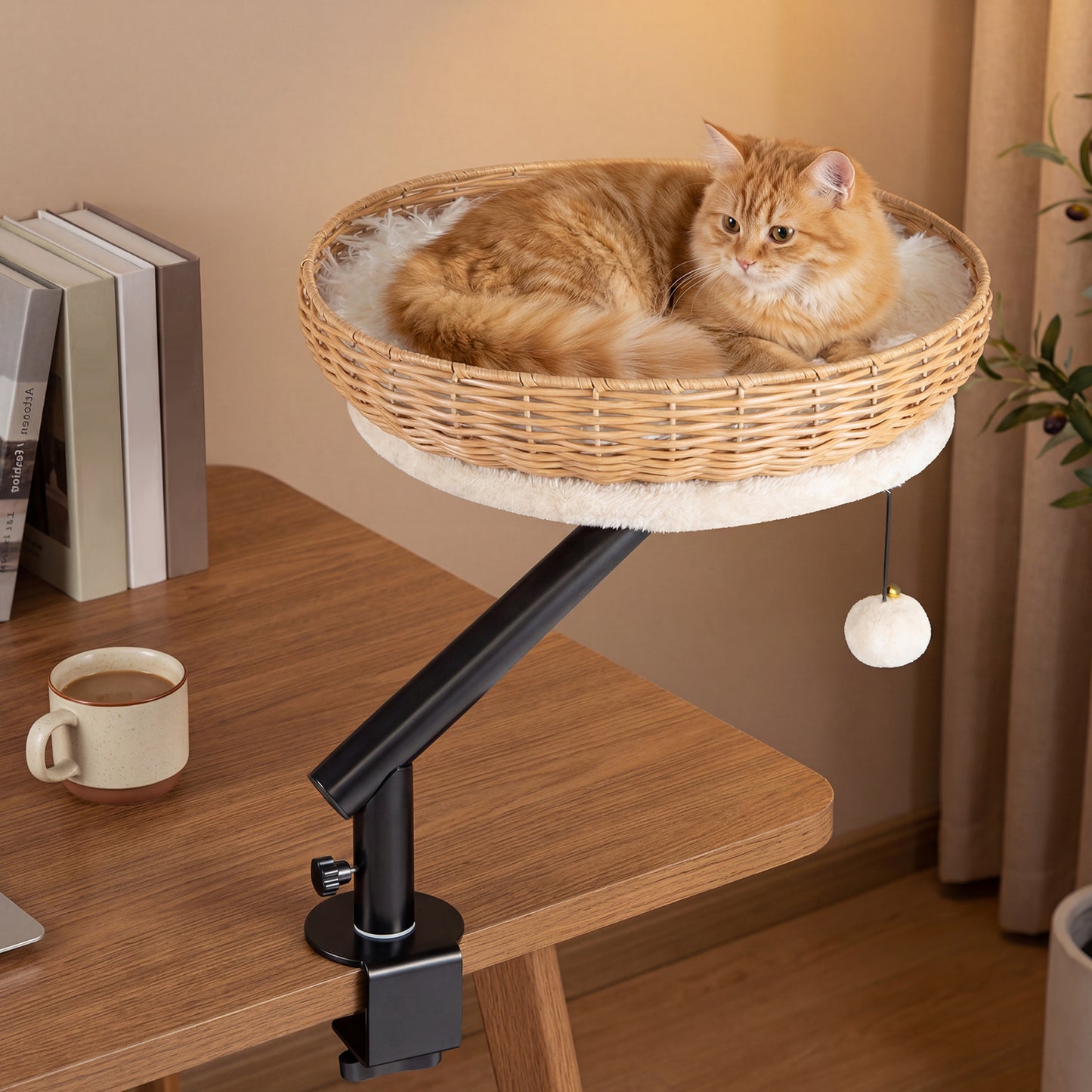 Cat Desk Bed with Removable Padded Cushion for Indoor Cats-Natural
