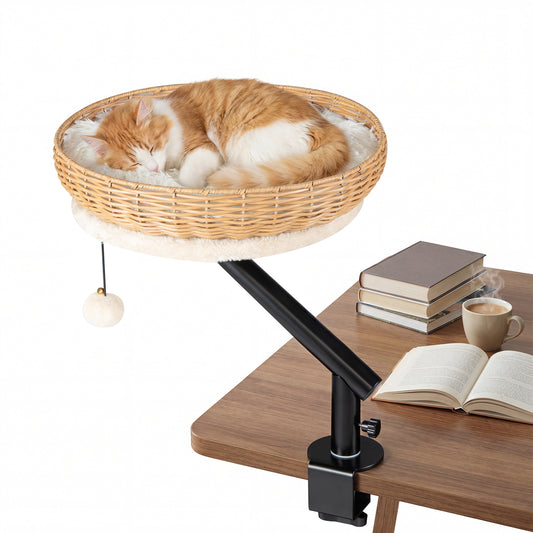 Natural wood cat desk bed with removable padded cushion for indoor cats, providing cozy resting space.