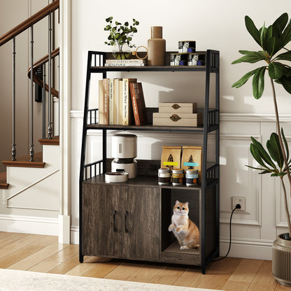 Cat Litter Box Enclosure with Storage Shelves and Scratching Pad-Gray