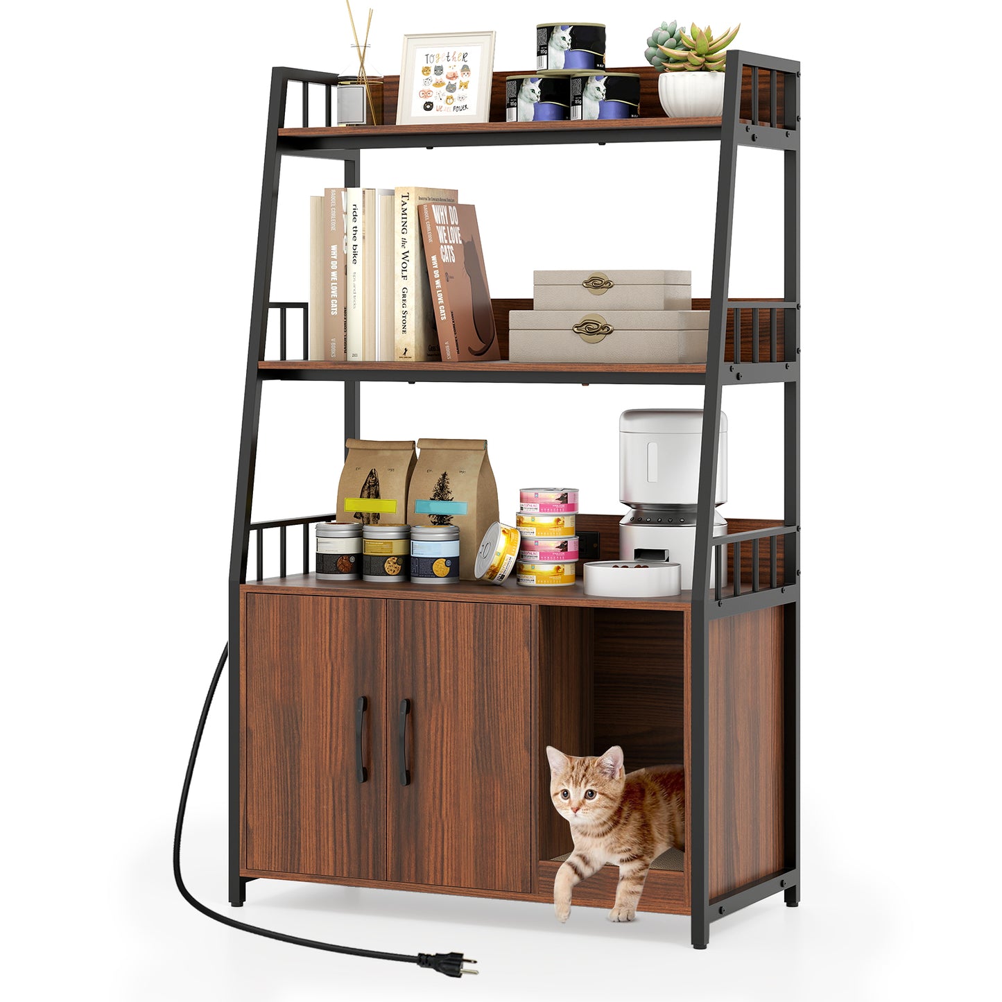 Cat Litter Box Enclosure with Storage Shelves and Scratching Pad-Gray