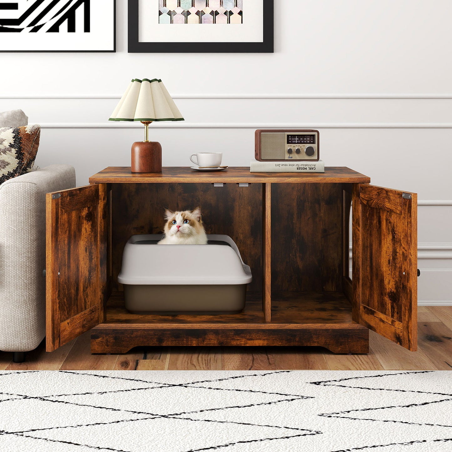 Cat Litter Box Enclosure Furniture Indoor Wooden Cat House End Side Table Nightstand-Black