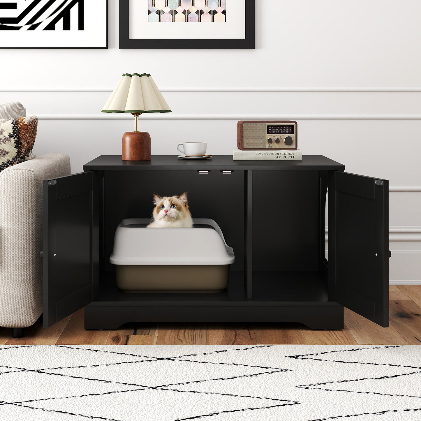 Cat Litter Box Enclosure Furniture Indoor Wooden Cat House End Side Table Nightstand-Black