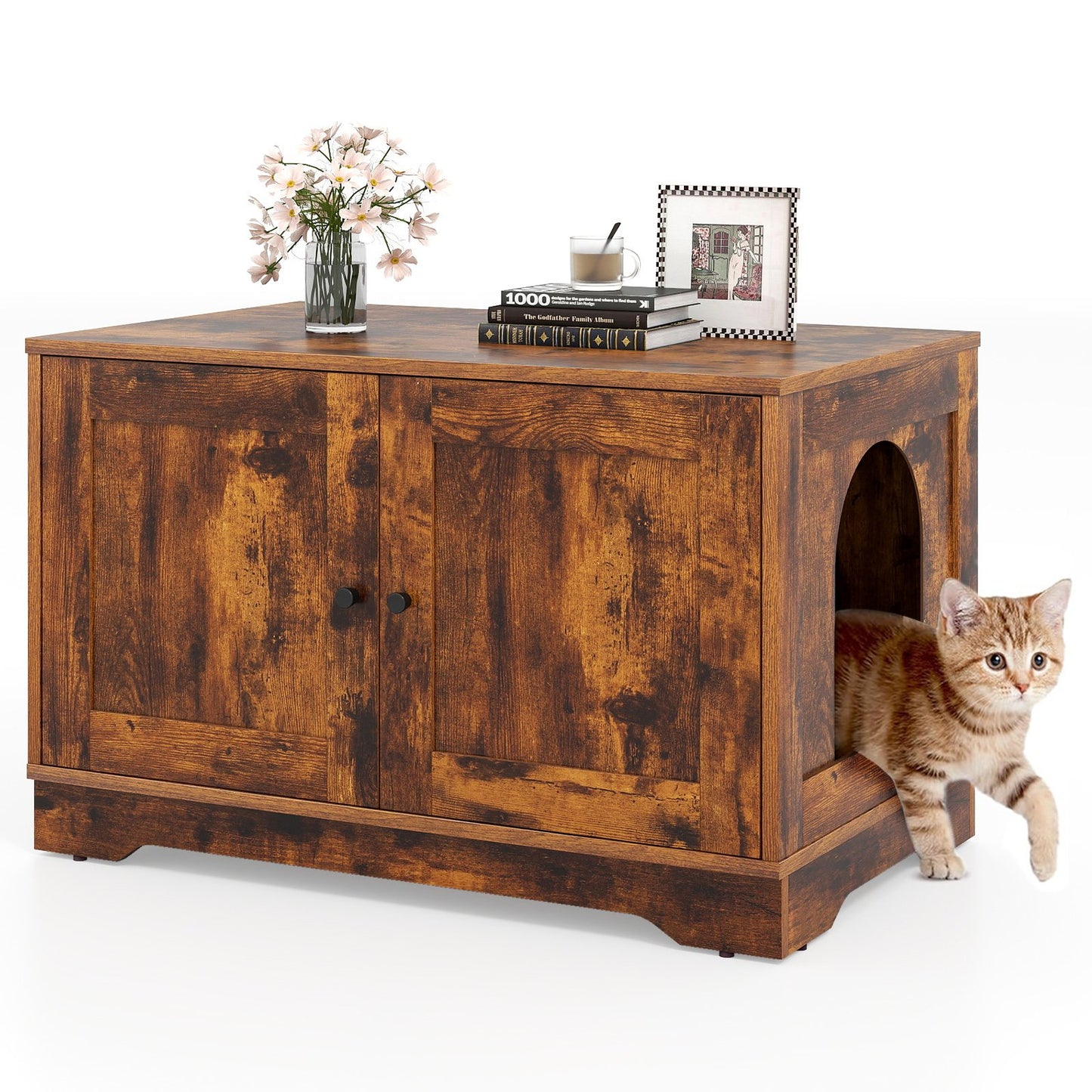 Cat Litter Box Enclosure Furniture Indoor Wooden Cat House End Side Table Nightstand-Black