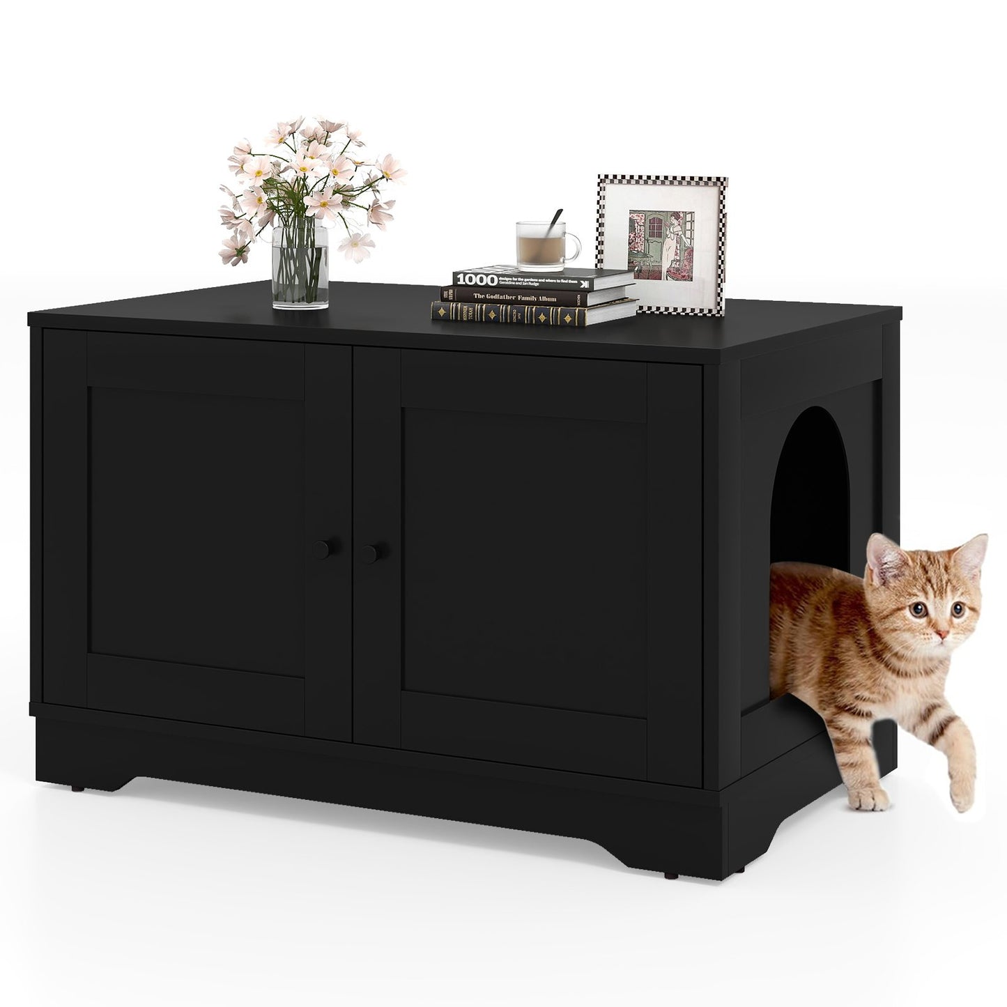 Cat Litter Box Enclosure Furniture Indoor Wooden Cat House End Side Table Nightstand-Black