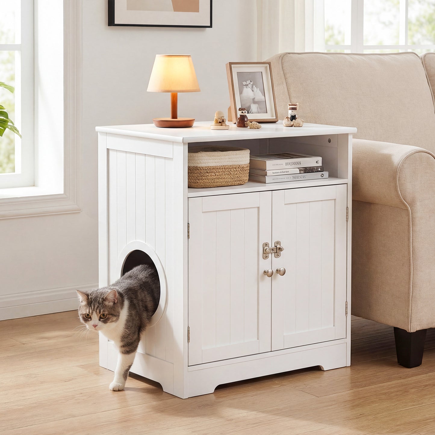 Cat Litter Box Enclosure Wooden Hidden Pet Washroom Furniture-White