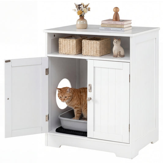 Wooden cat litter box enclosure with hidden washroom design, white finish, providing a discreet, stylish pet house for cats.