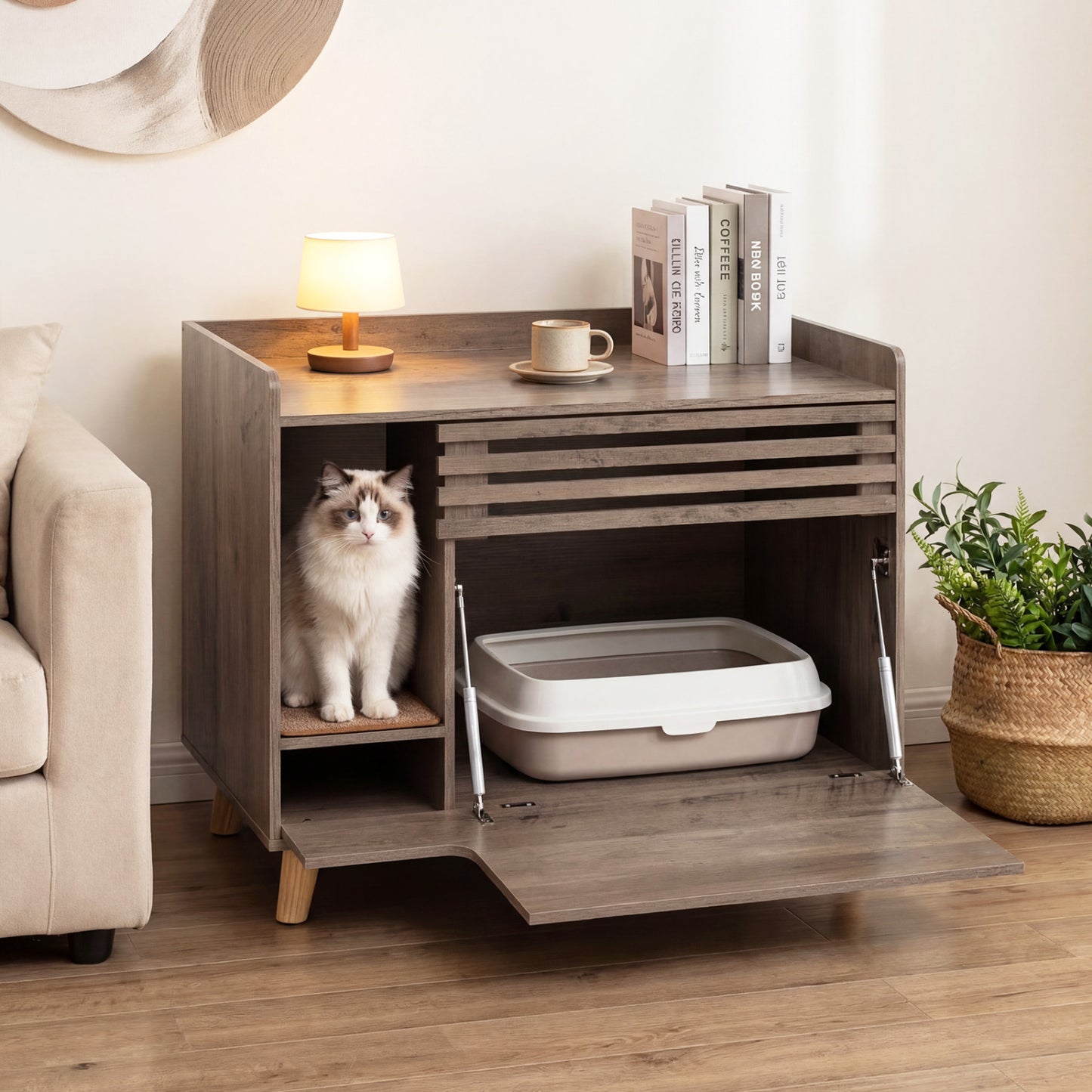 Cat Litter Box Enclosure with Flip-down Opening Door and Scratching Mat-Brown