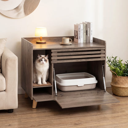 Cat Litter Box Enclosure with Flip-down Opening Door and Scratching Mat-Brown