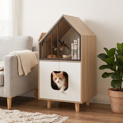 Wooden cat litter box enclosure with shelf and two doors, house-shaped pet shelter for indoor use, by Direct by Wilsons Home Store