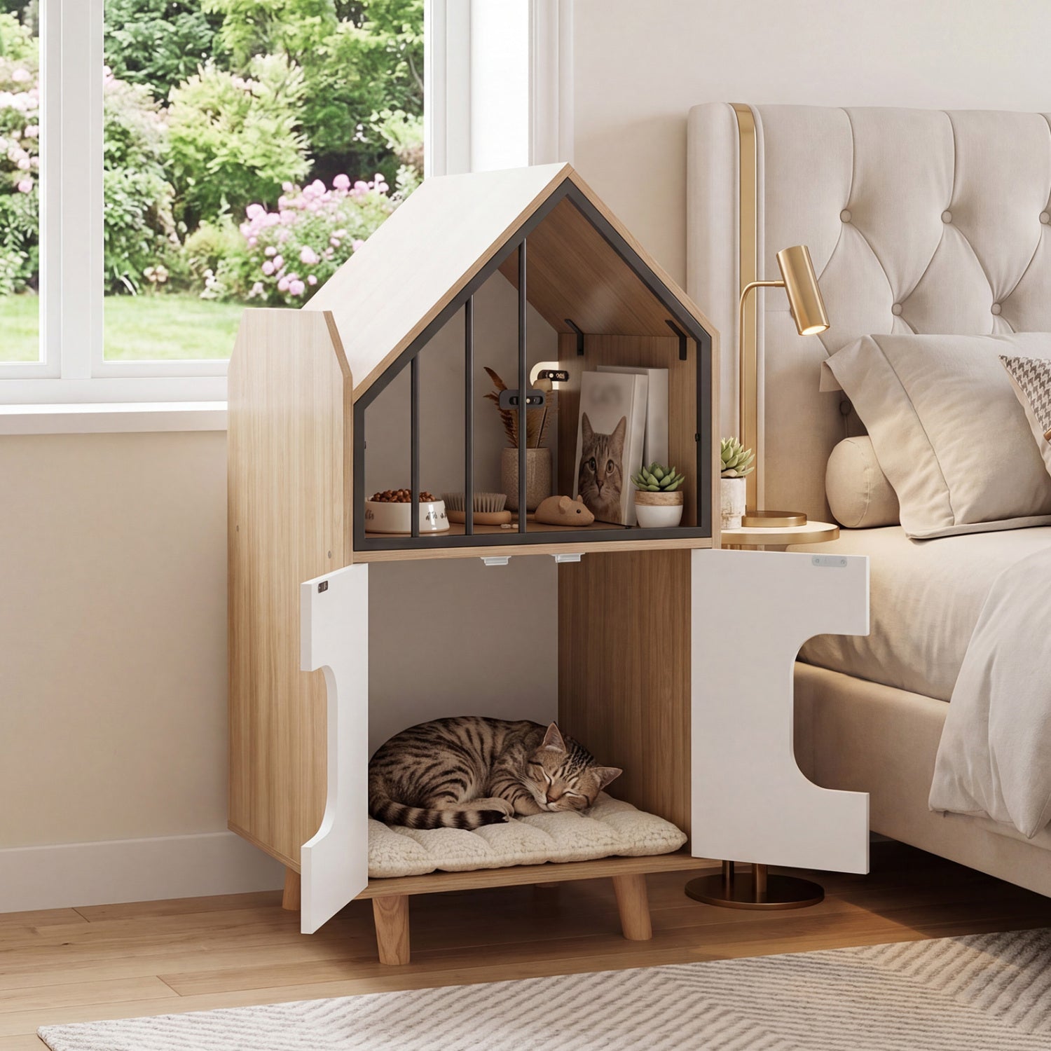Wooden cat litter box enclosure with shelf and two doors, house-shaped design for indoor pet cats, by Direct by Wilsons Home Store