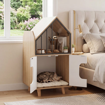 Wooden cat litter box enclosure with shelf and two doors, house-shaped design for indoor pet cats, by Direct by Wilsons Home Store