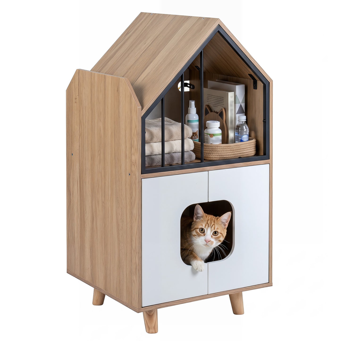 Wooden cat litter box enclosure with shelf and two doors, house-shaped design for indoor pet comfort and discreet litter storage.