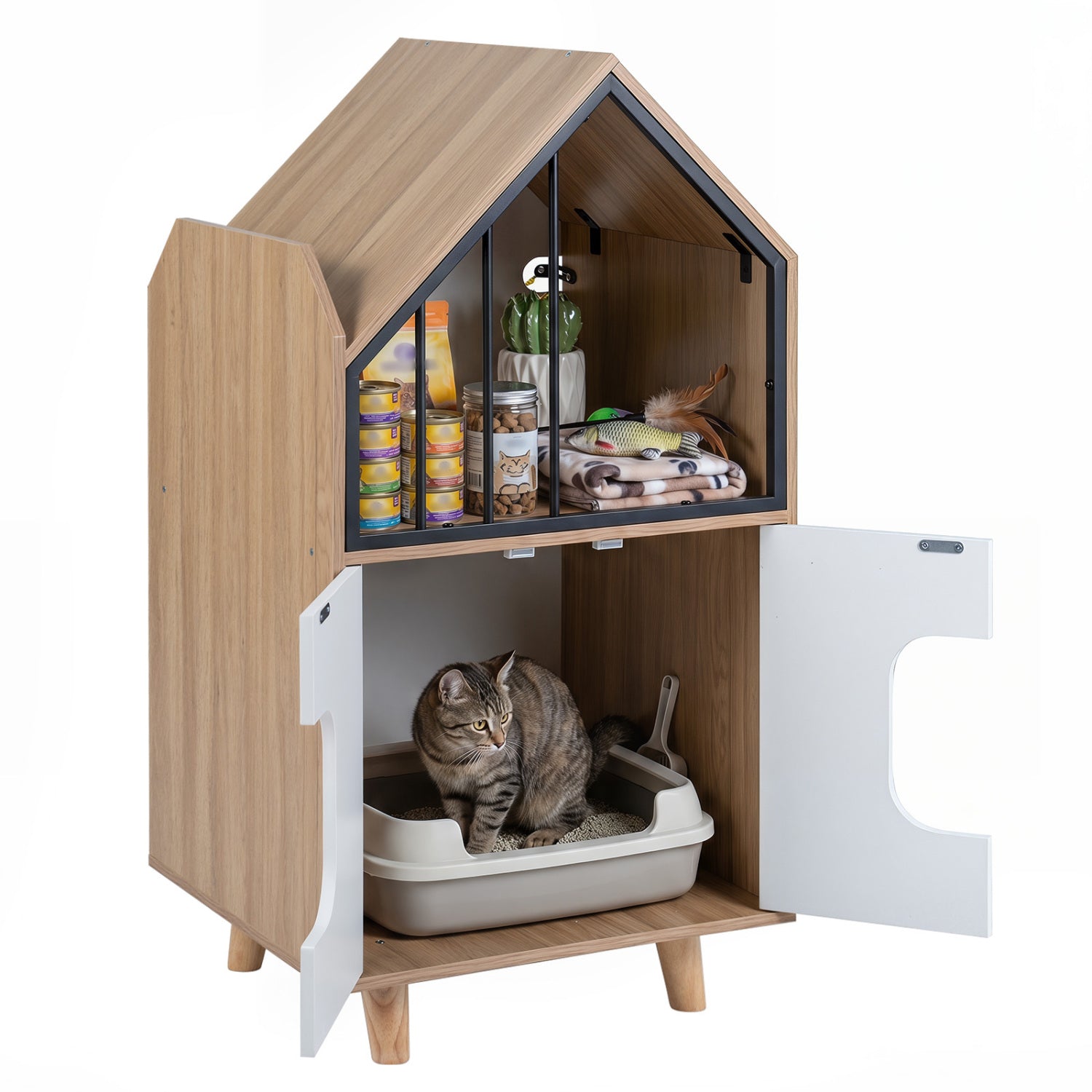 Wooden cat litter box enclosure with shelf and two doors, house-shaped design for indoor pet privacy and style.