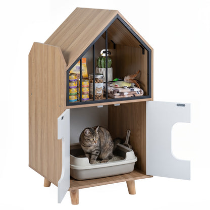 Wooden cat litter box enclosure with shelf and two doors, house-shaped design for indoor pet privacy and style.