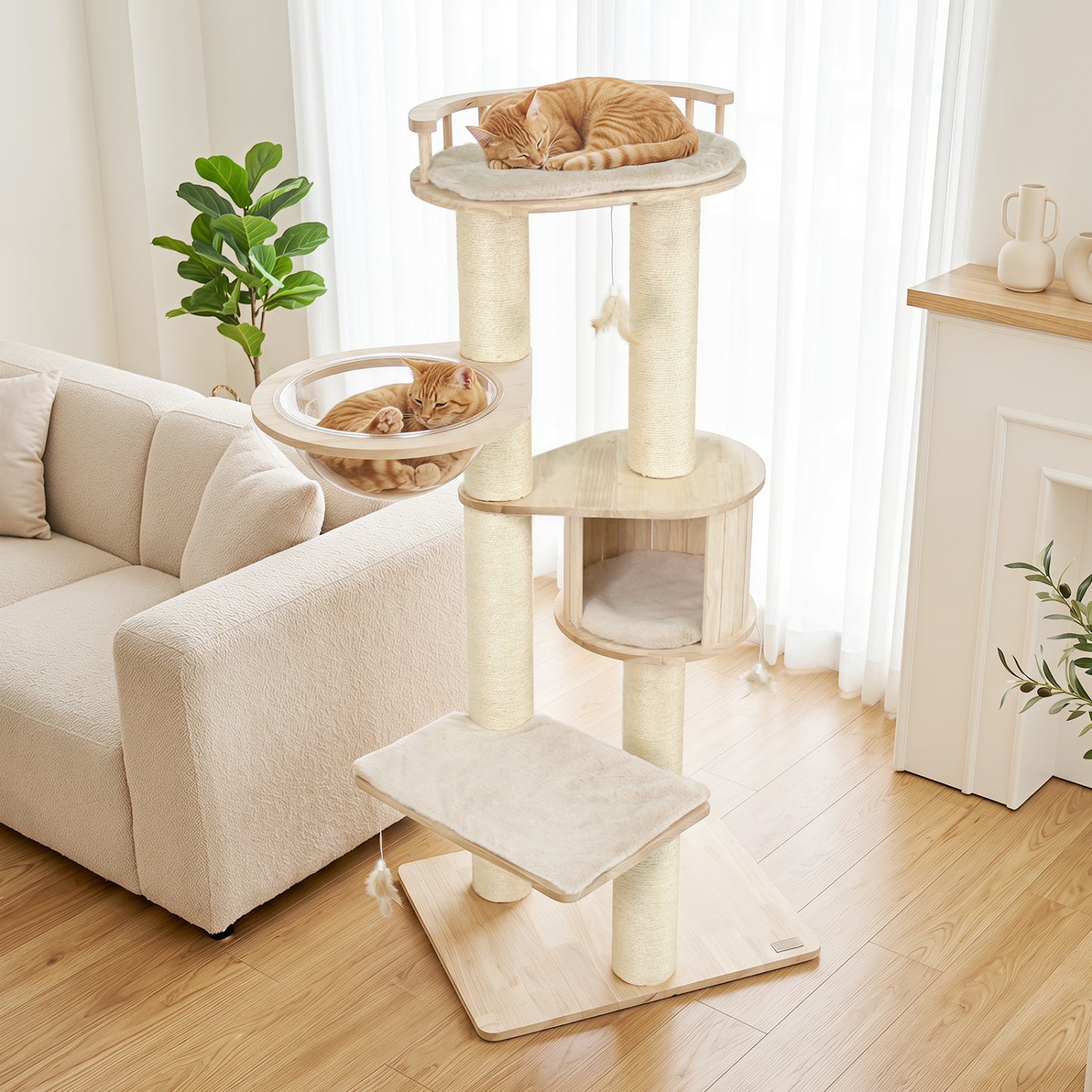 Cat Tree for Indoor Kittens  with Top Perch Condo Space and 3 Hanging Feather Toys-Beige