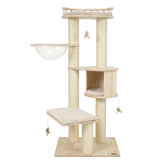Beige indoor cat tree with top perch, condo space, and three hanging feather toys for kittens, from Wilsons Home Store.