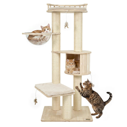 Cat Tree for Indoor Kittens  with Top Perch Condo Space and 3 Hanging Feather Toys-Beige