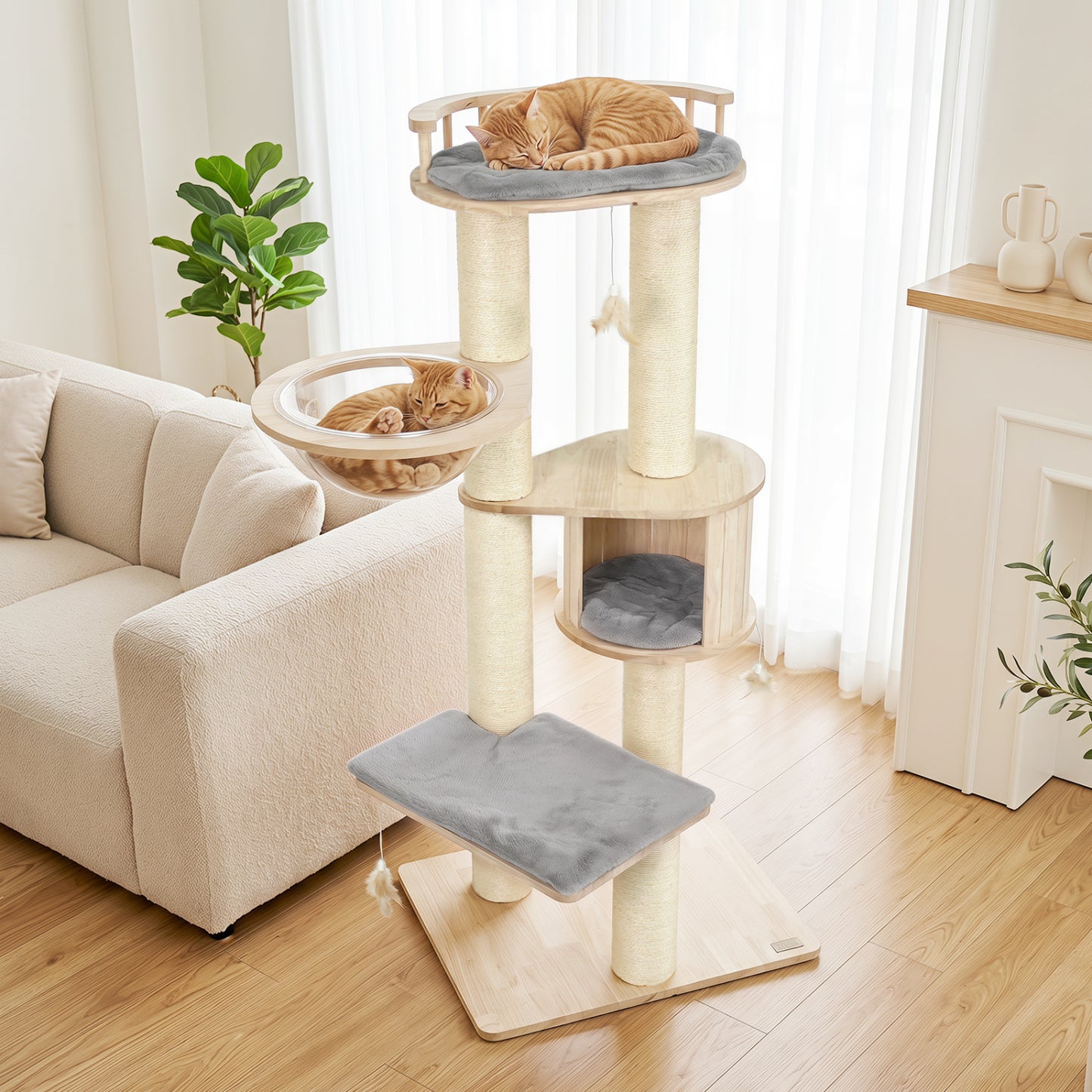 Cat Tree for Indoor Kittens  with Top Perch Condo Space and 3 Hanging Feather Toys-Beige