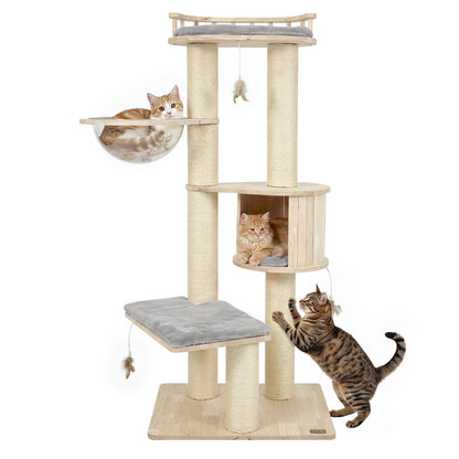 Cat Tree for Indoor Kittens  with Top Perch Condo Space and 3 Hanging Feather Toys-Beige