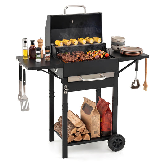 Charcoal grill by Wilsons Home Store with two side tables, thermometer, wheels, and 284 sq.in. cooking area for outdoor grilling.