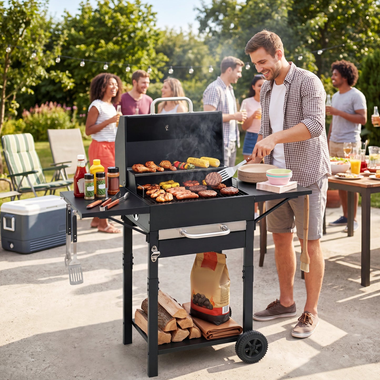 Charcoal grill with two side tables, thermometer, and wheels, suitable for outdoor cooking, 284 sq.in. cooking area.