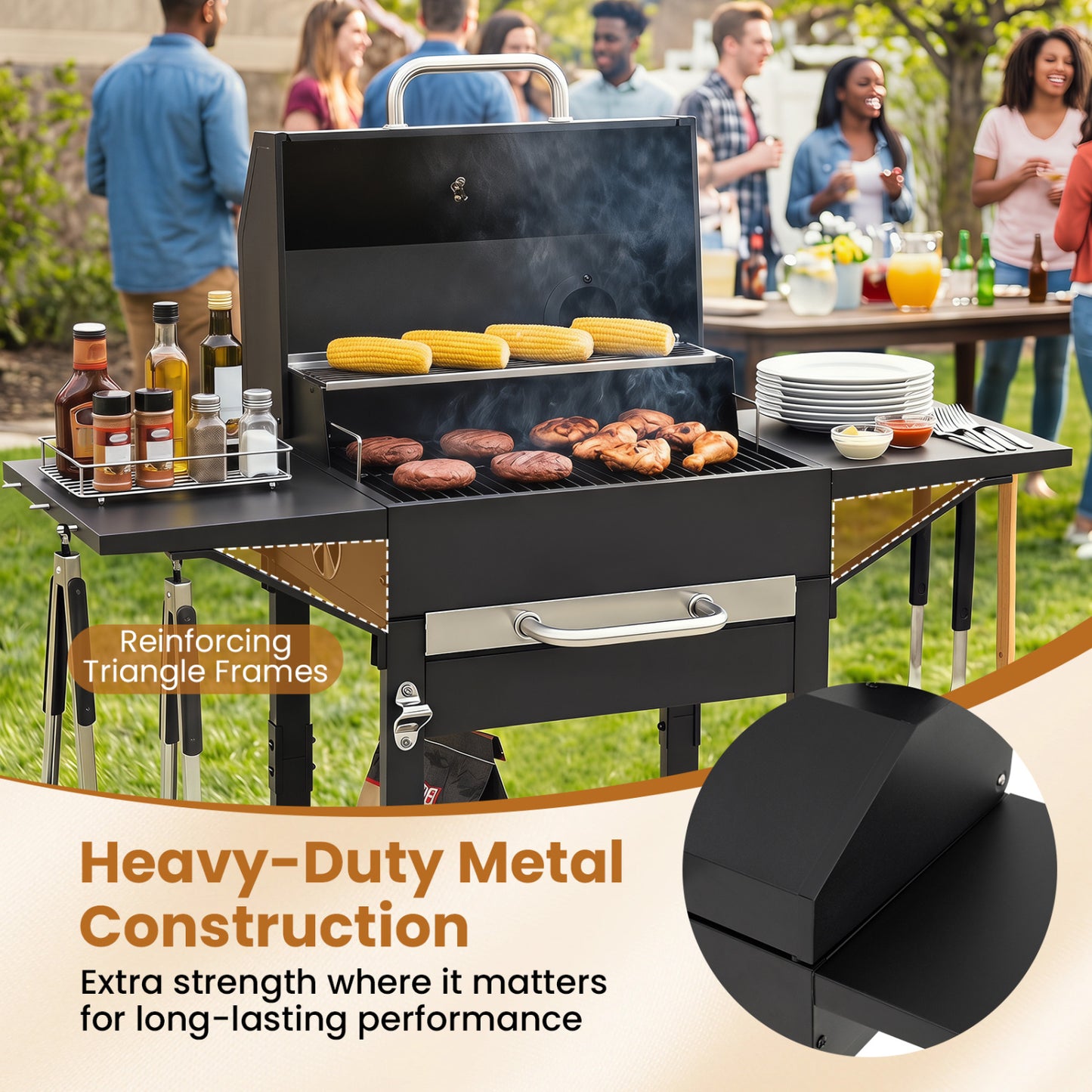 Charcoal grill with two side tables, built-in thermometer, wheels, and 284 sq.in. cooking area for outdoor grilling by Wilsons Home Store