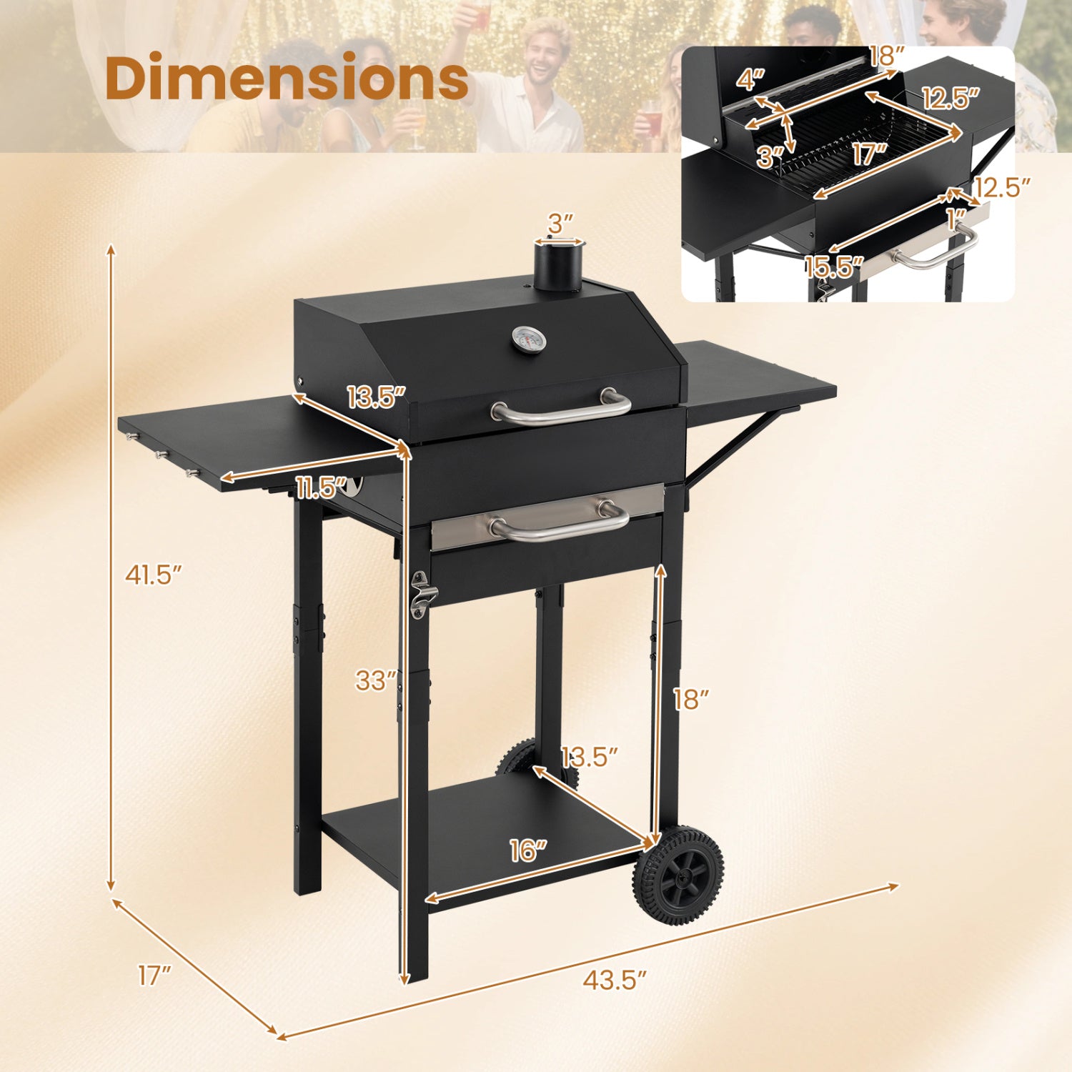 Charcoal grill with two side tables, built-in thermometer, wheels, and 284 sq.in. cooking area from Wilsons Home Store.