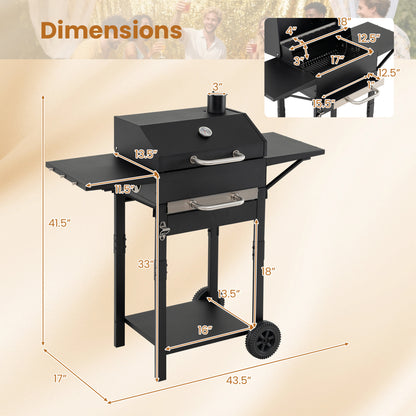 Charcoal grill with two side tables, built-in thermometer, wheels, and 284 sq.in. cooking area from Wilsons Home Store.