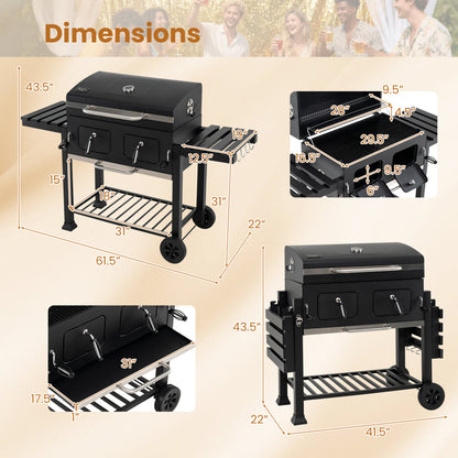 Large charcoal grill with lifting trays, folding tables, and wheels for outdoor cooking by Wilsons Home Store.
